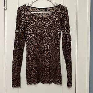BKE Botique boho Y2K sheer lace metallic bronze brown long sleeve shirt small